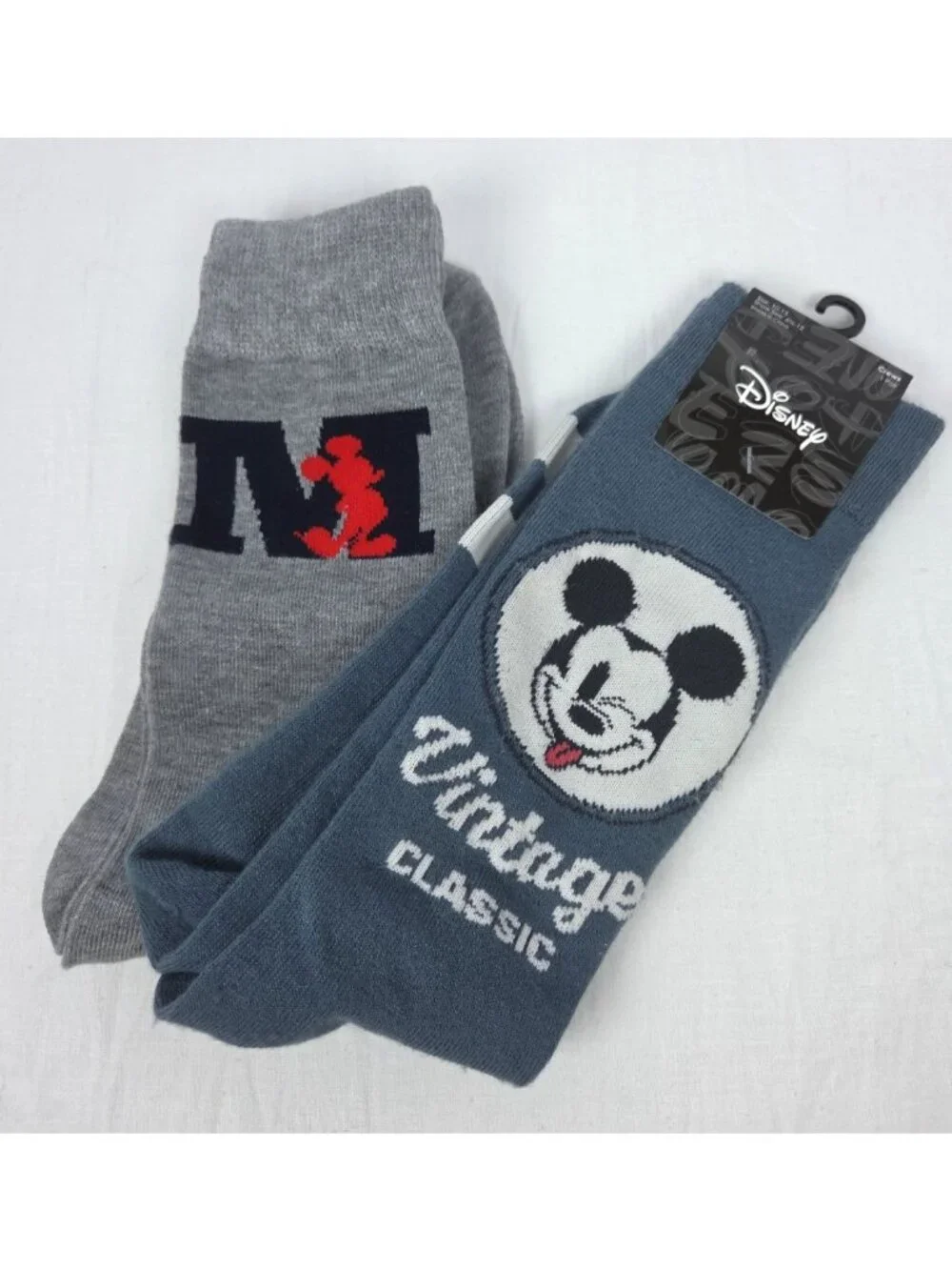 Disney Mickey Mouse Novelty Crew Socks Set (1-NWT Blue, 1-NWOT Gray) Size 10-13